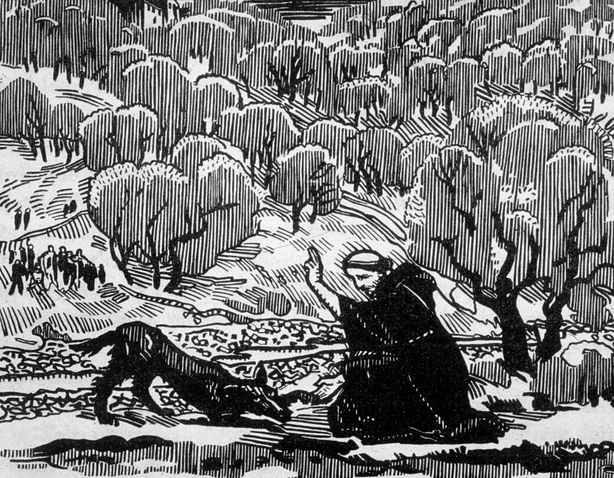 Conversion by St Francis of Assisi of the Wolf of Agubbio (engraved by Jacques Beltrand after drawing by Maurice Denis) by Maurice (after) Denis