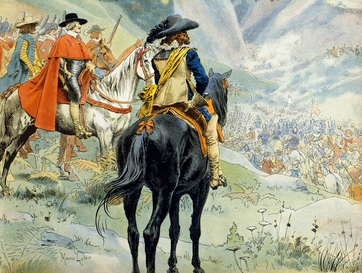 War of the Succession of Mantua (1628-1631) during the Thirty-Year War. The Battle of the Pas de Suze representing King Louis XIII and Cardinal Richelieu by Maurice Leloir
