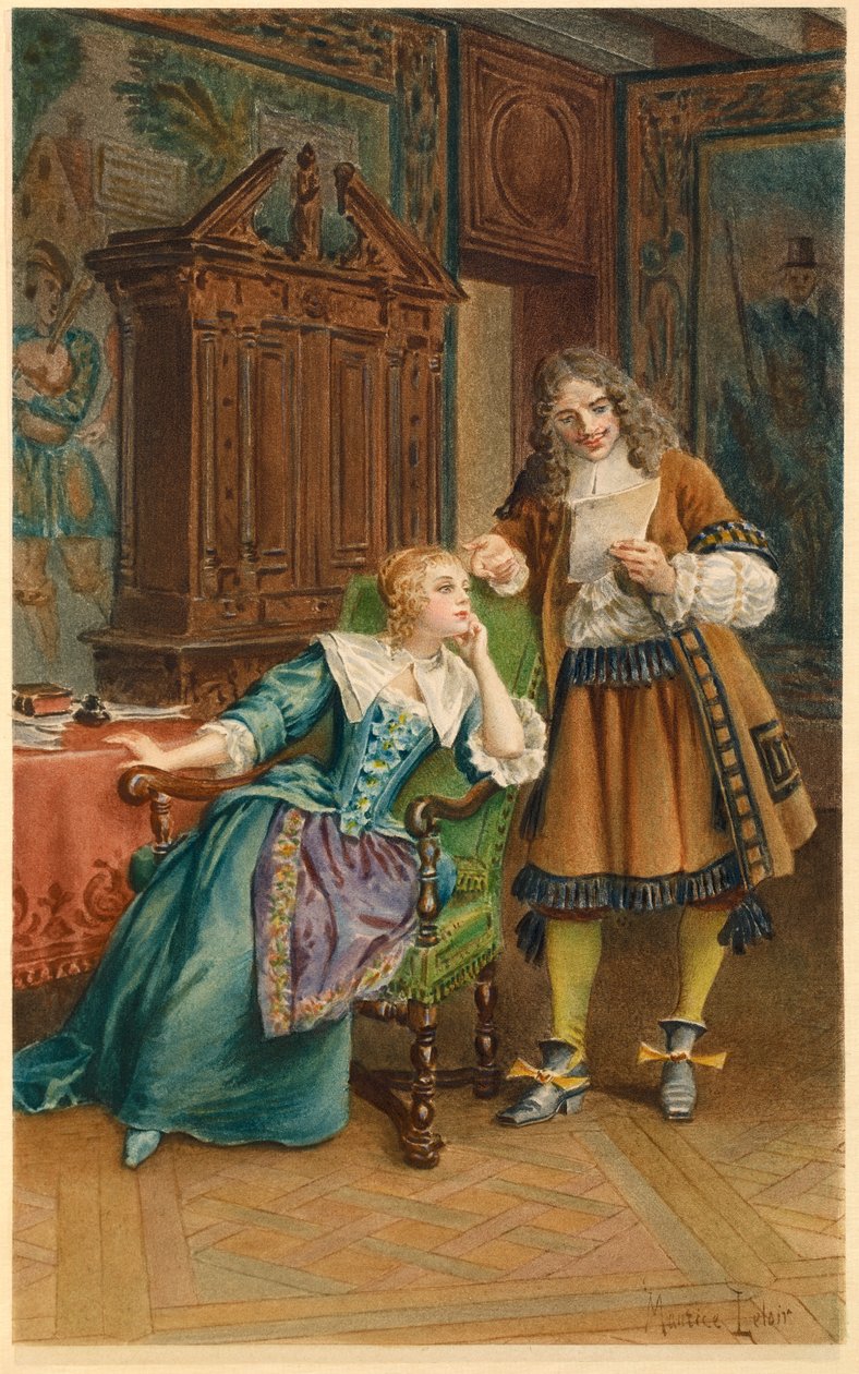 Moliere reads a new play to Armande Bejart (illustration) by Maurice Leloir