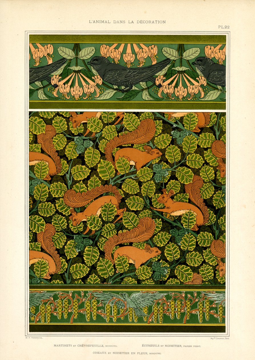 Art Nouveau Ornamentation with Birds, Squirrels and Floral Elements by Maurice Pillard Verneuil