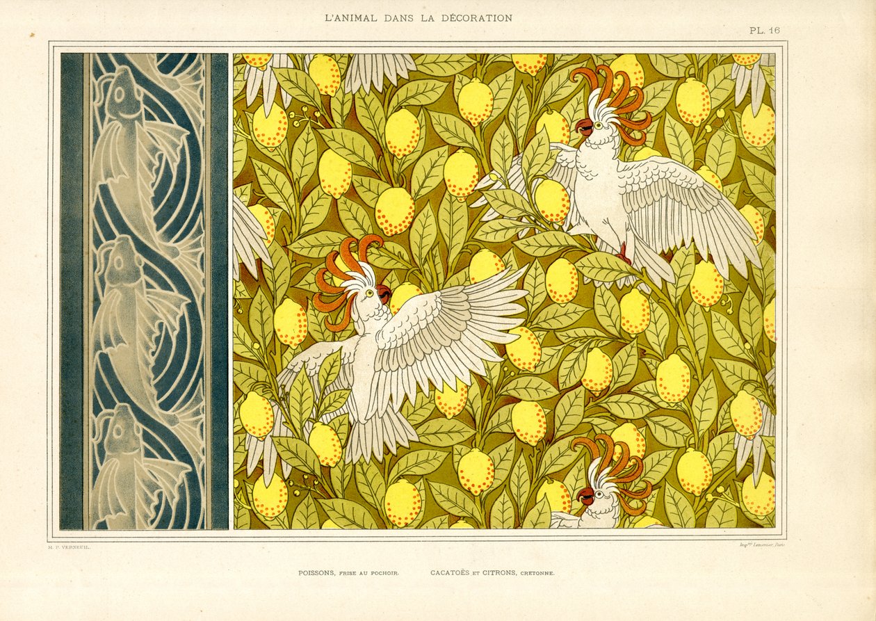 Decorative Pattern with Cockatoos and Lemons by Maurice Pillard Verneuil