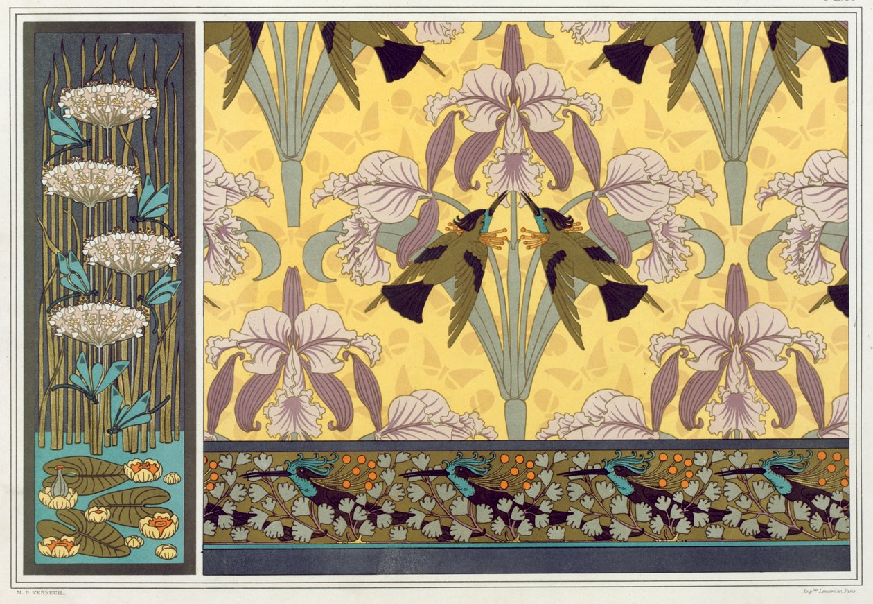 Design for Wallpaper Border, Fabric and Panel: "Dragonflies; Waterlilies and Flowering Rush", Humming Birds and Orchids and Humming Birds and Maiden Hair Fern from 
