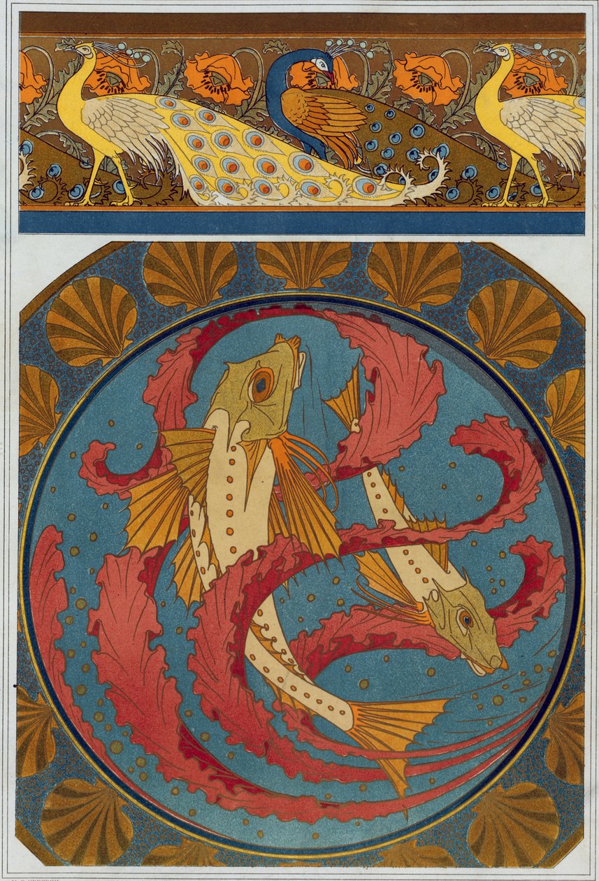 Designs for Peacock and Poppy Border, and Enamel Plate with decoration of Gurnards and Seaweed with a Scallop shell surround, from 