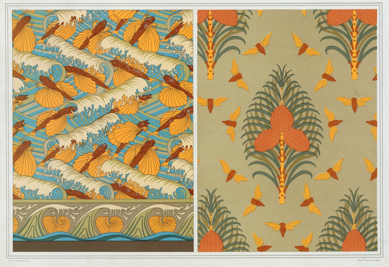 Designs for Wallpaper Flying Fish and Waves, pub. 1897 by Maurice Pillard Verneuil