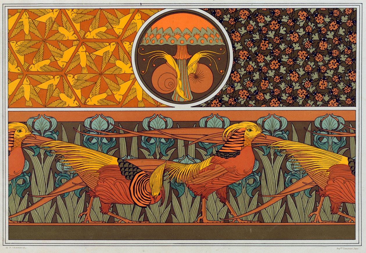 Designs for wallpaper border and fabric: Birds, Ladybirds and Maiden Hair Fern, pub. 1897 by Maurice Pillard Verneuil