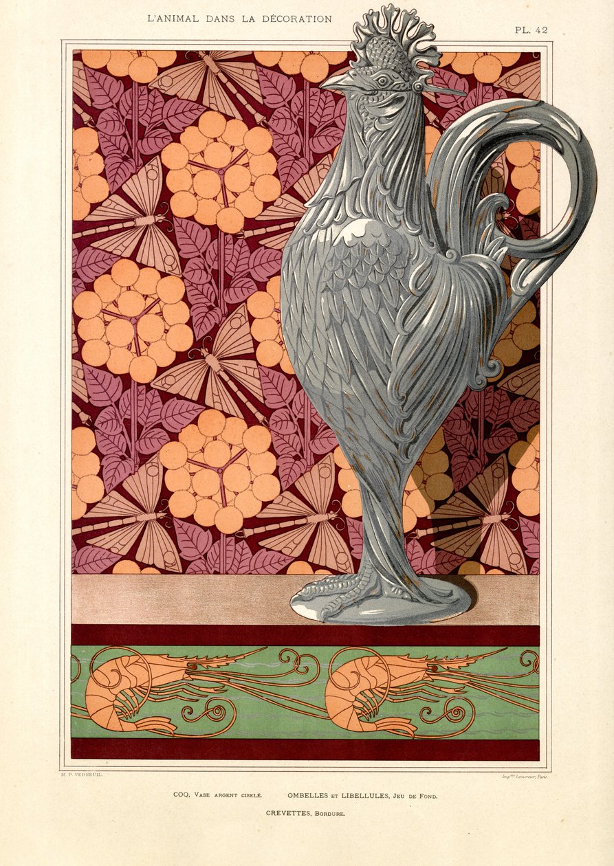 Rooster-Shaped Vase with Umbel Flowers and Shrimp Pattern by Maurice Pillard Verneuil