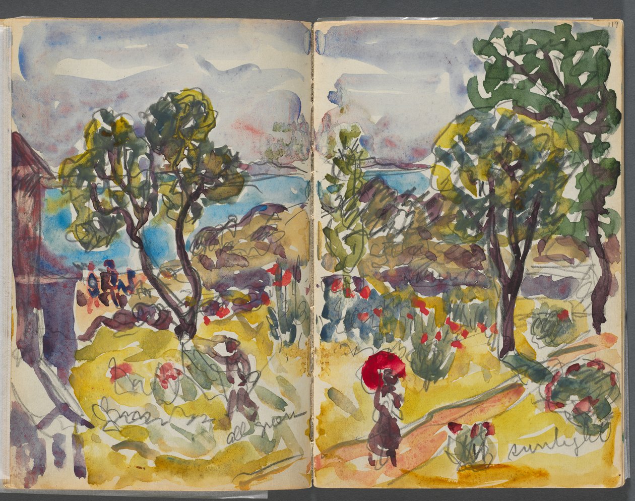 Sketchbook- The Granite Shore Hotel, Rockport, Page 118 & 119: Garden View with Notations by Maurice Prendergast
