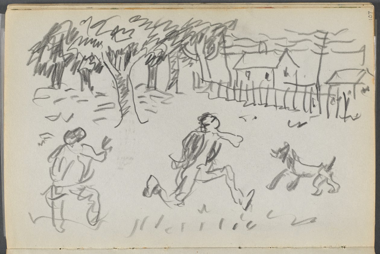 Sketchbook, The Dells, No. 127, page 107: Landscape with Figures and dog by Maurice Prendergast