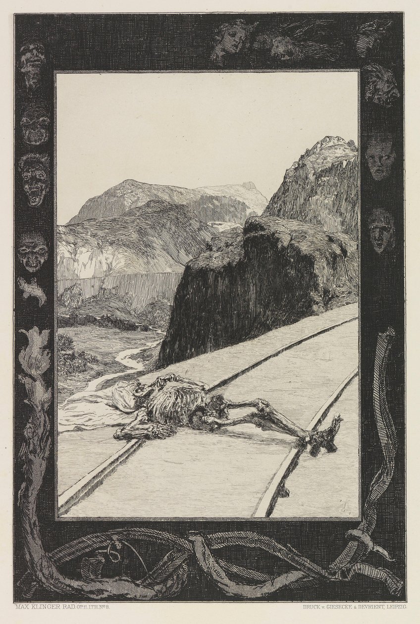 On the Tracks, plate 8 from the portfolio On Death, Part I, Opus XI by Max Klinger
