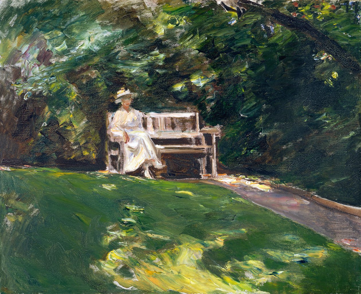 Figure of His Daughter on a White Garden Bench by Max Liebermann