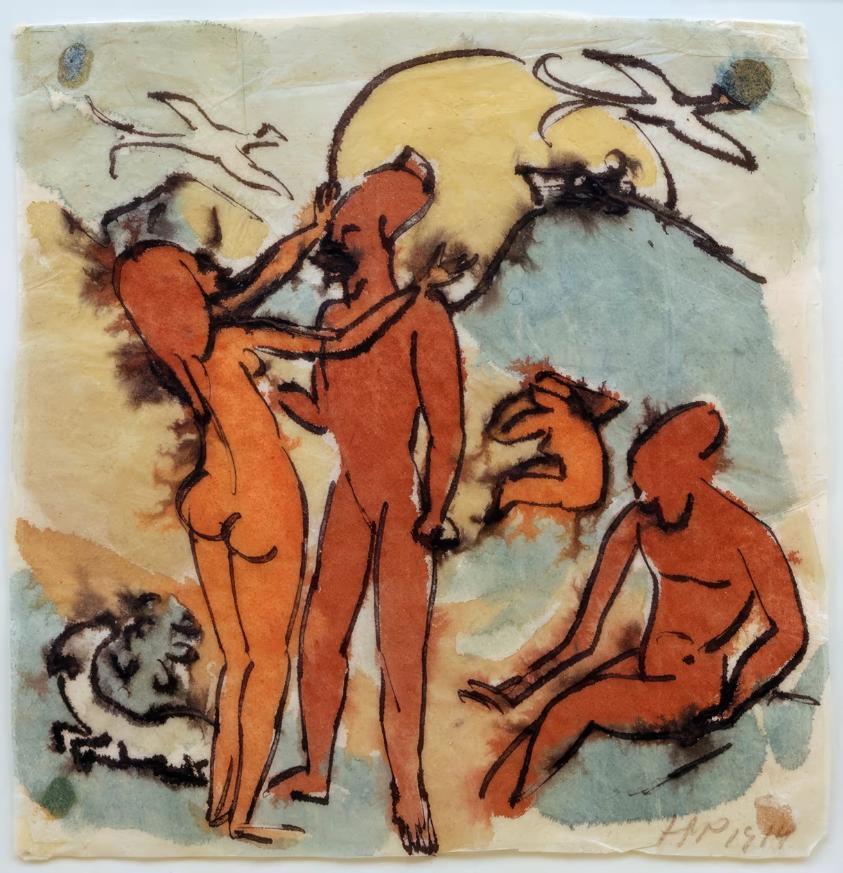 Bathing Scene with Steersman Birds by Max Pechstein