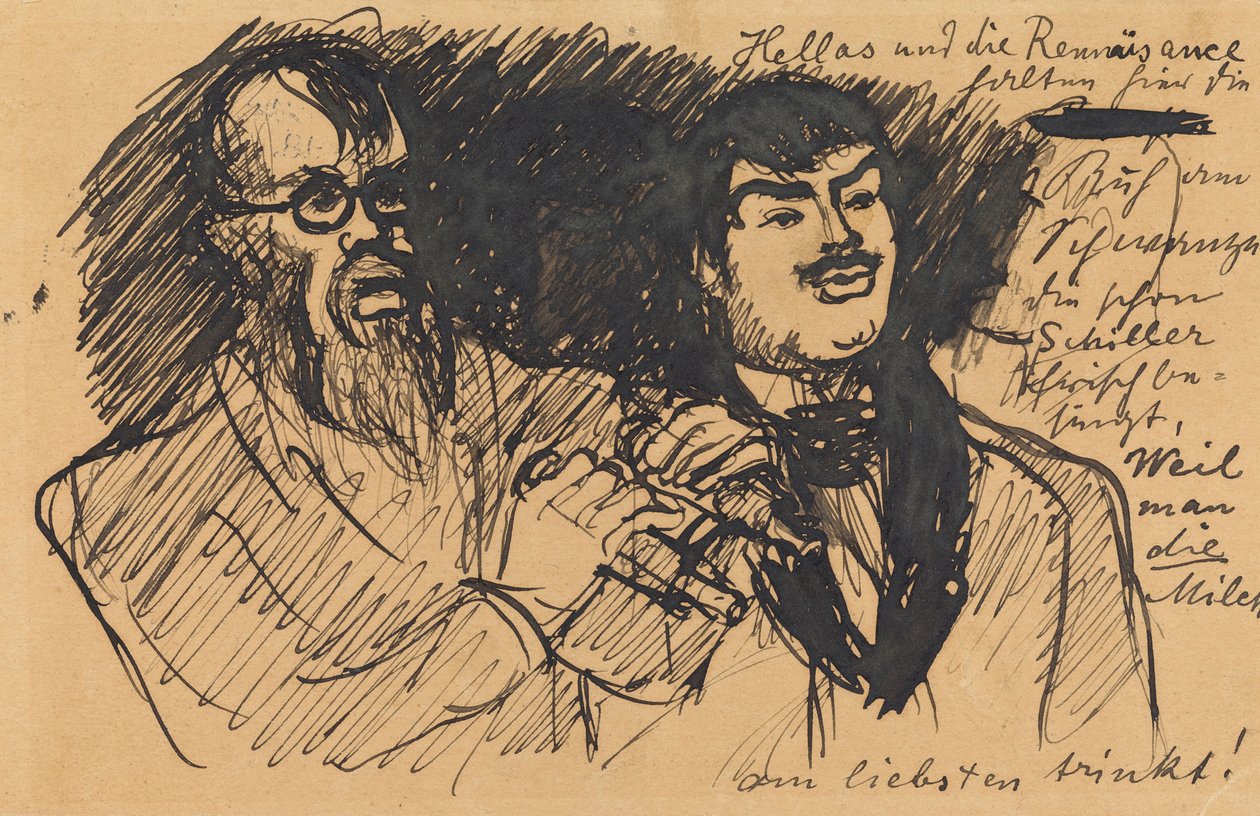 Three Lenbach Caricatures: a) Bust (sketchy); b) Full Figure; c) Together with Stuck by Max Slevogt