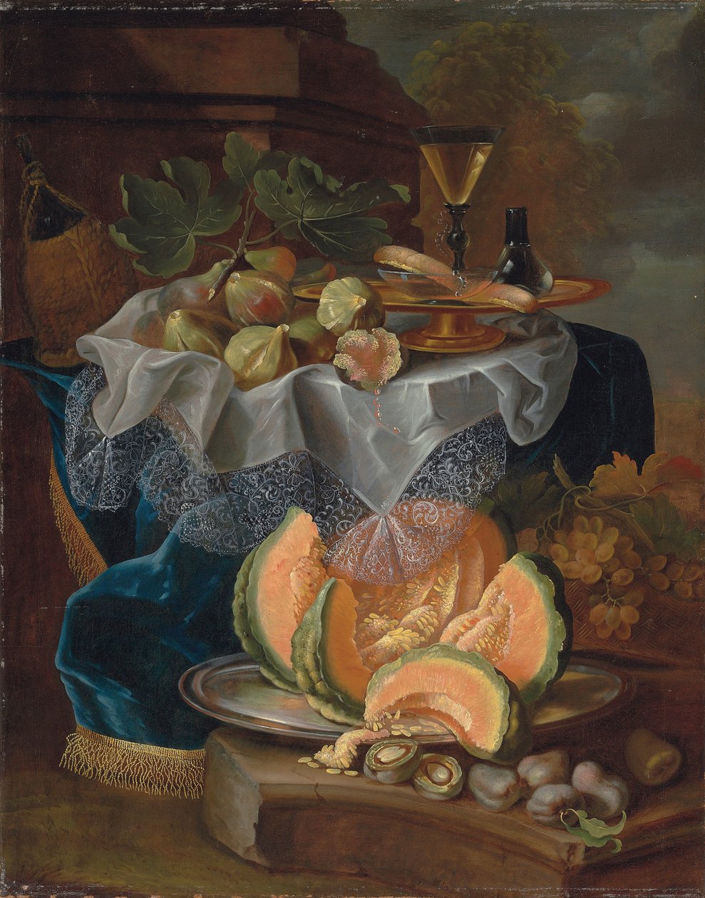 Figs, a Gilded Tazza with a Facon-de-Venise Wine Glass, on a Draped Table, a Cut Melon on a Pewter Platter with Plums on a Plinth by Maximilian Pfeiler or Pfeiller