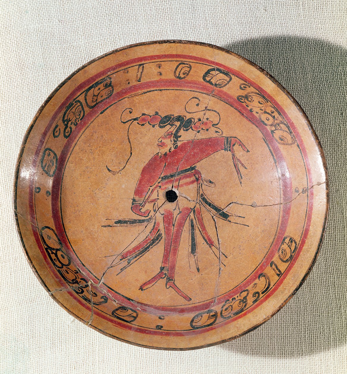 Large tripodal dish depicting an actor or dancer, 600-950 by Mayan