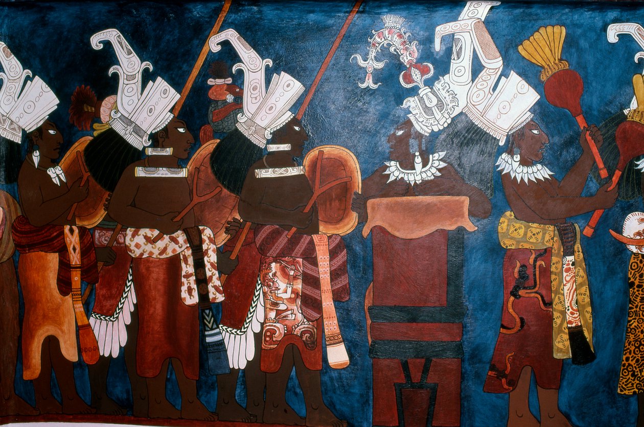 Reproduction of a Mural Showing Servants and Musicians During a Ceremony, from the Temple of Murals, Bonampak by Mayan