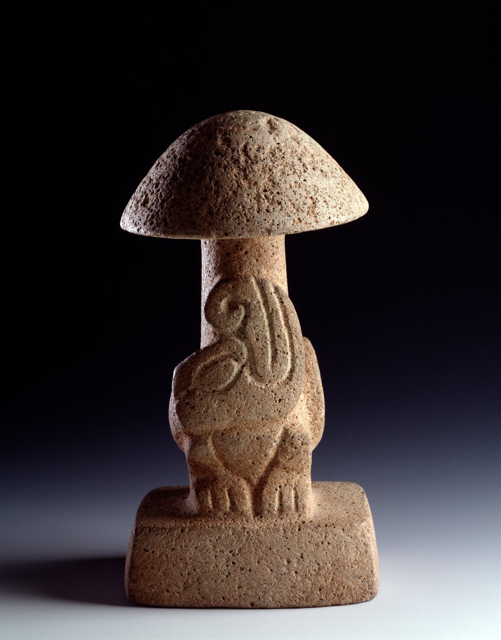 Pre-Columbian Art, Maya Civilization, Preclassical Period: Basalt Sculpture in the Shape of a Fungus with the Representation of a Stylized Serpent. From Kaminaljuyu, Guatemala by Mayan Mayan