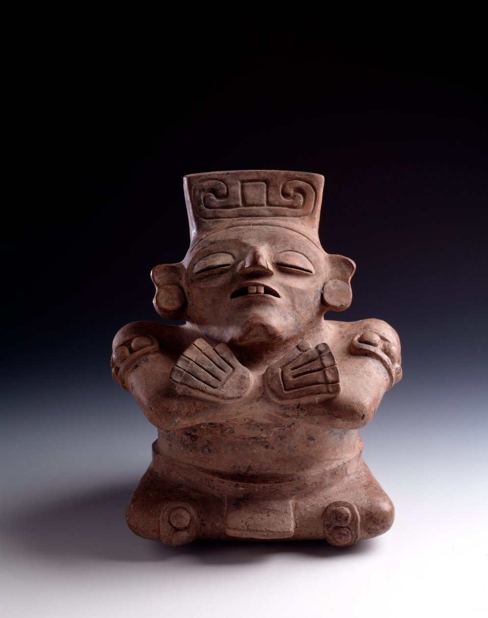 Pre-Columbian Art, Mayan Civilization, Classical Period: Anthropomorphic Clay Vase Depicting a Seated Character, Legs and Arms Crossed, Face Turned Upwards. From La Lagunita, Quiche, Guatemala. Guatemala, Museo Nazionale di Archeologia by Mayan Mayan