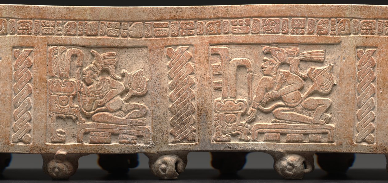 Tripod Cylinder, Carved: Enthroned Lord with Glyphic Text by Mayan Mayan