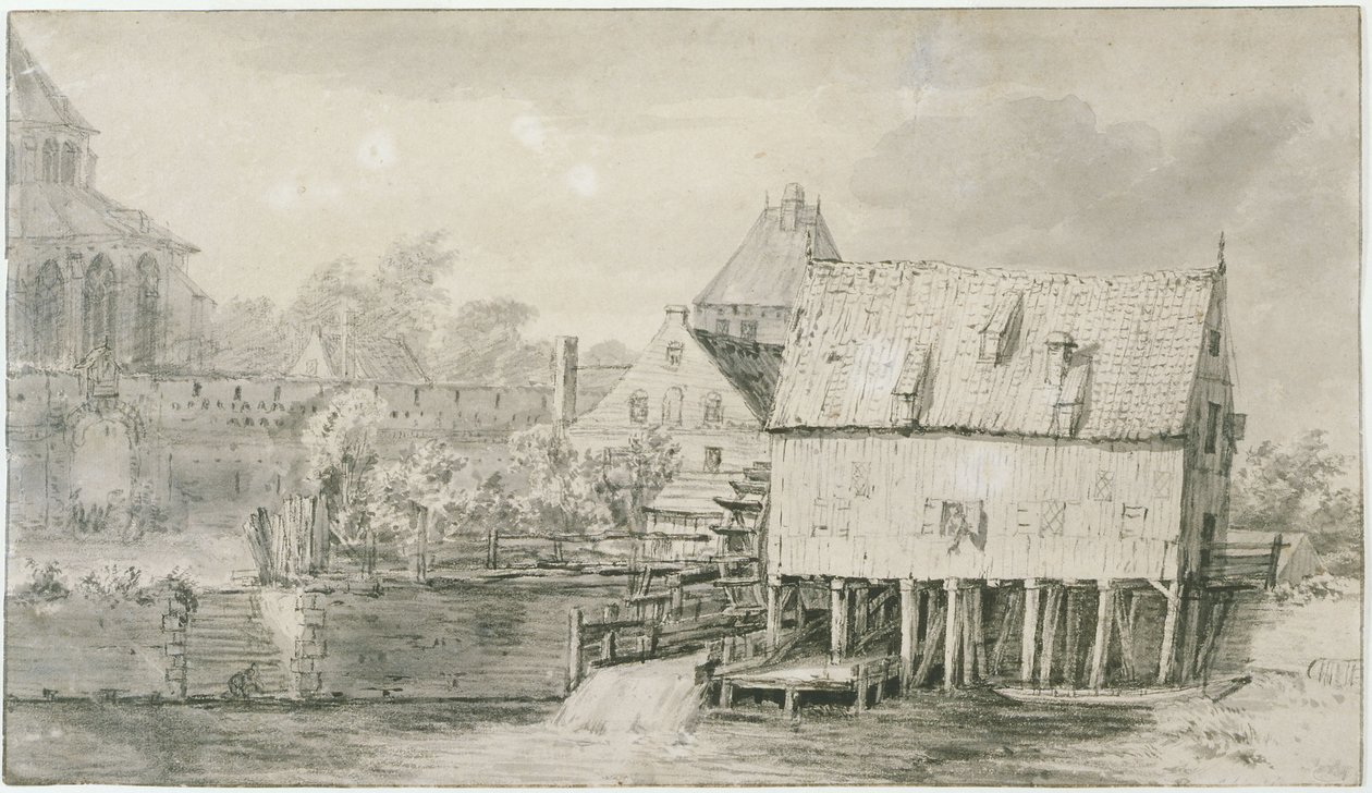 The Church Known as Bergkerk and Watermill at Deventer (Lugt 43) by Meindert Hobbema