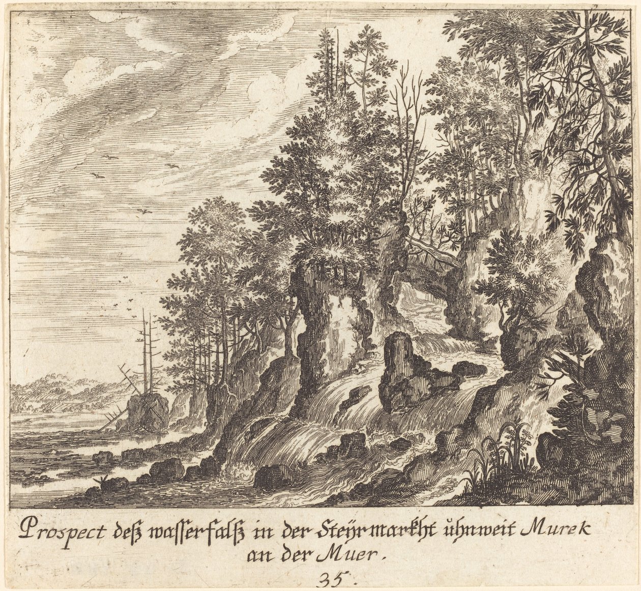 Waterfall by Melchior Küsel after Johann Wilhelm Baur