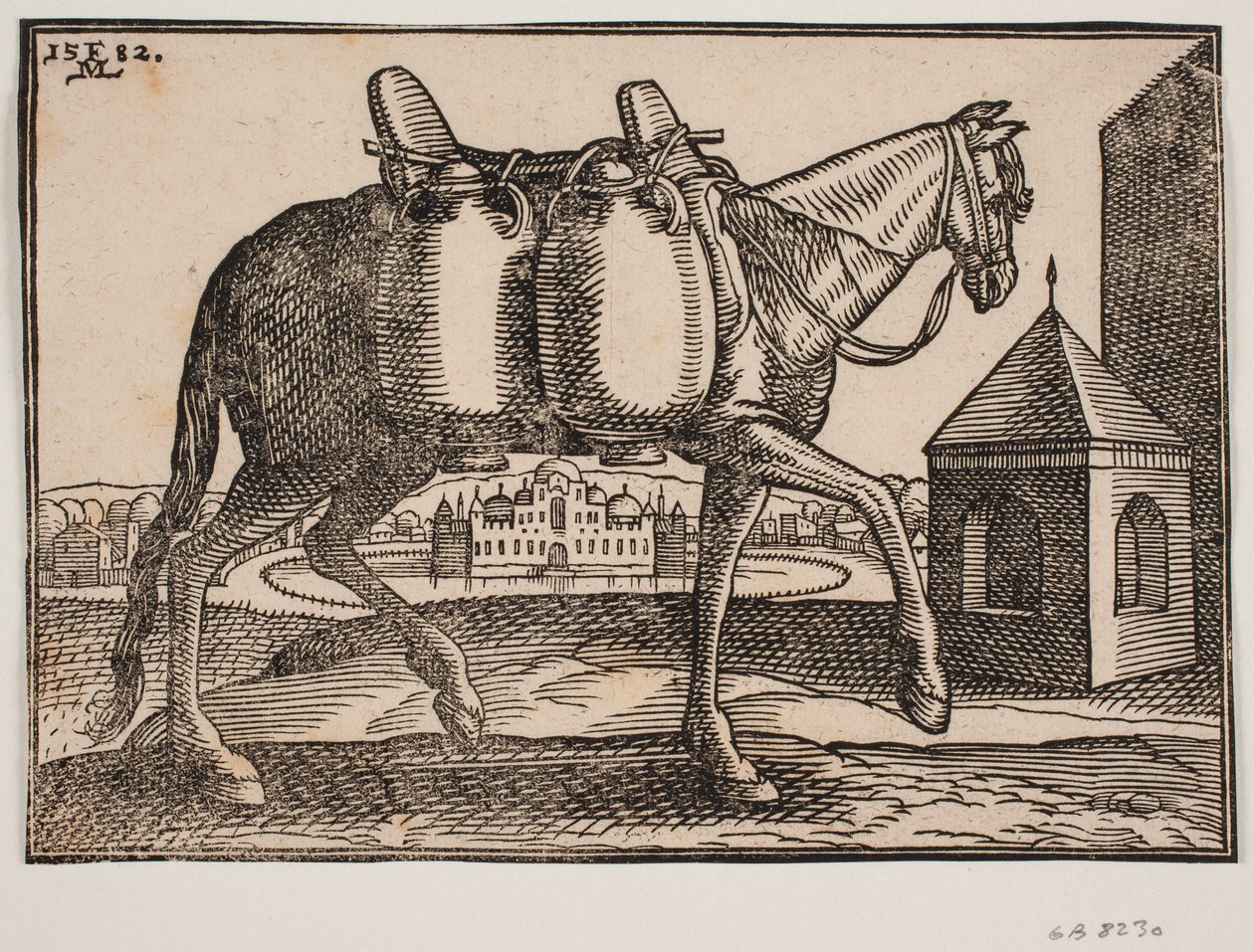 Horse, profile view; on its visible side hang two ceramic containers; in front of the horse a square well with a pointed roof, behind the horse a castle with battlements and domes, surrounded by a circular, water-filled moat by Melchior Lorck