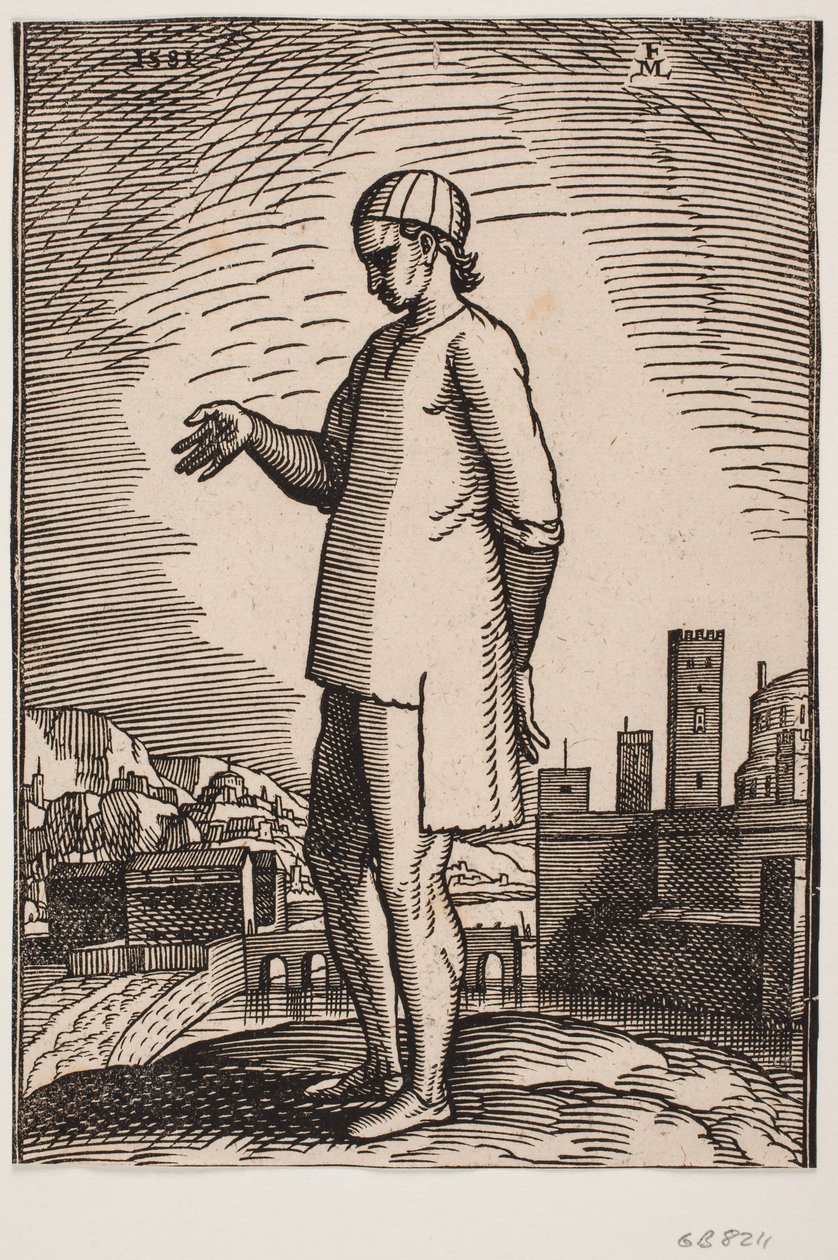 Christian Slave with Outstretched Hand, with Two City Districts Connected by a Bridge in the Background by Melchior Lorck