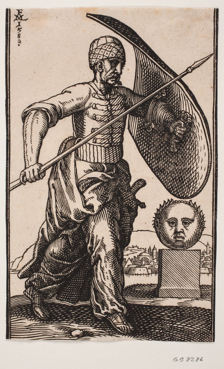 Soldier Walking to the Right; on the Left Arm a Curved Shield, in the Right Hand a Spear; to the Right a Pedestal with a Spherical, Frontal Head; in the Distance Behind the Head a City by the Water by Melchior Lorck