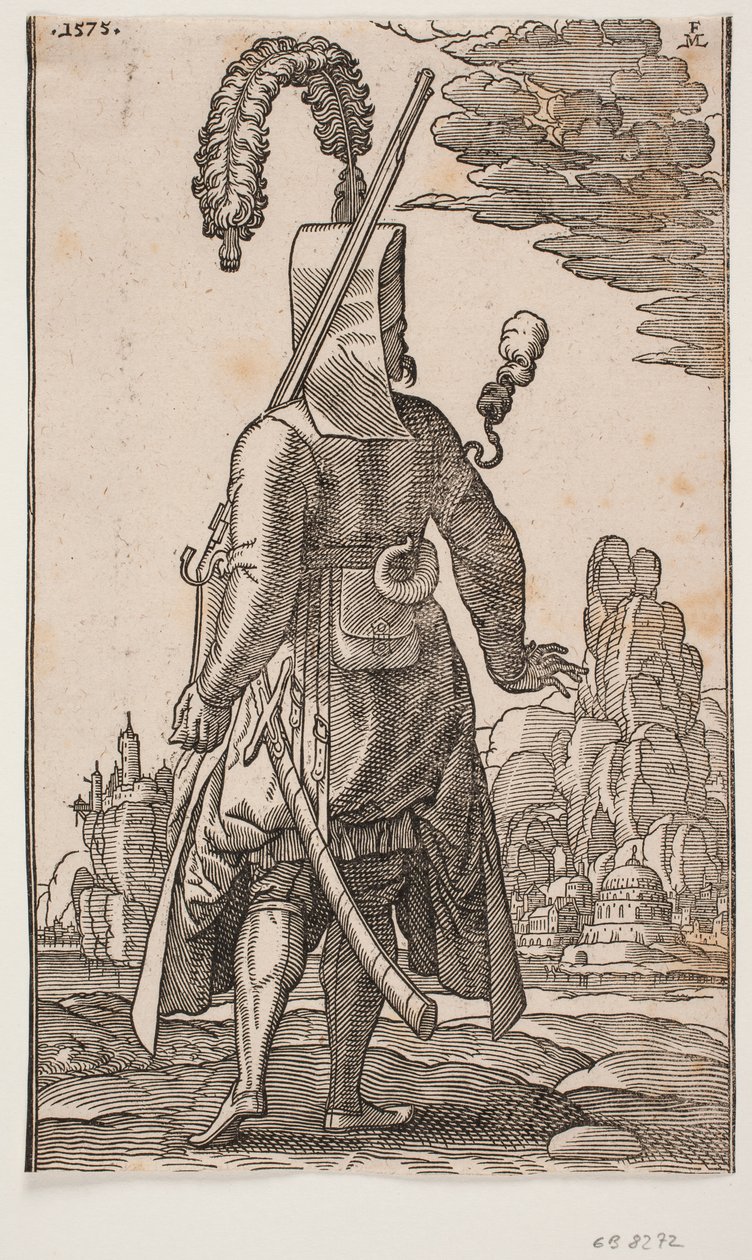 Standing Janissary Seen from Behind, Feathered Headgear, Rifle on Left Shoulder by Melchior Lorck
