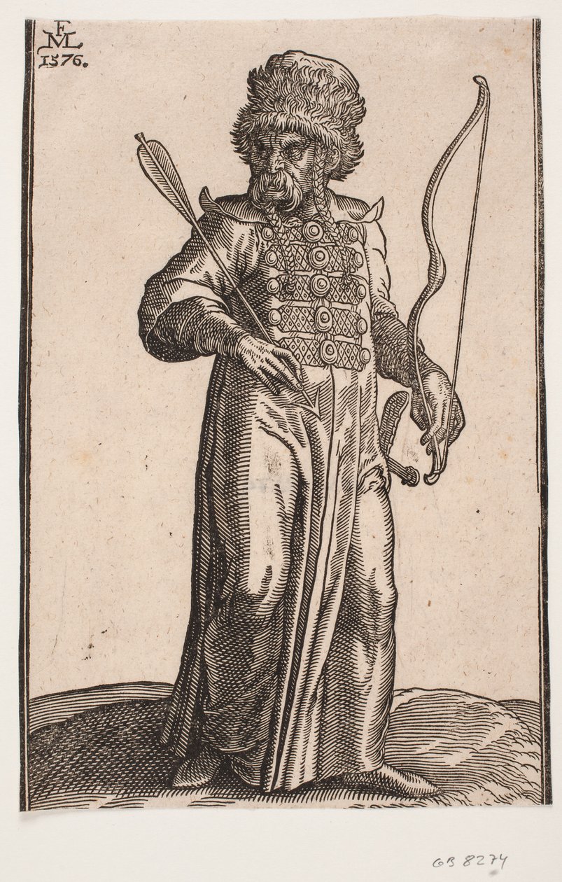 Standing Soldier, Front View, Head Turned Left; Wearing Fur-Trimmed Hat, Hair in Two Braids; Holding Arrow in Right Hand, Bow in Left Hand, Sword Hanging at Left Side by Melchior Lorck