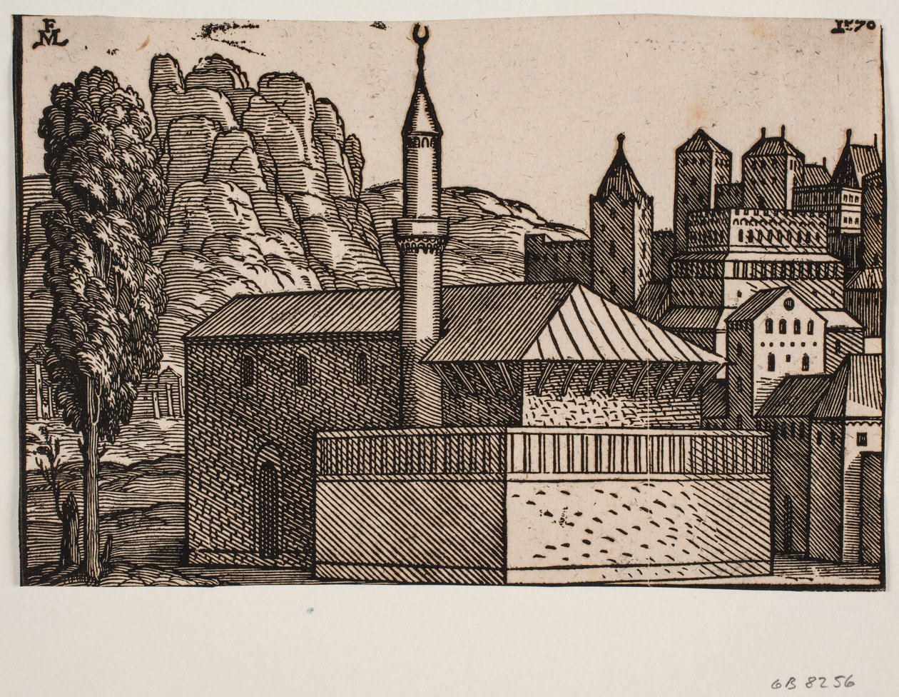 Unidentified Mosque with One Minaret, Tall Tree to the Left by Melchior Lorck