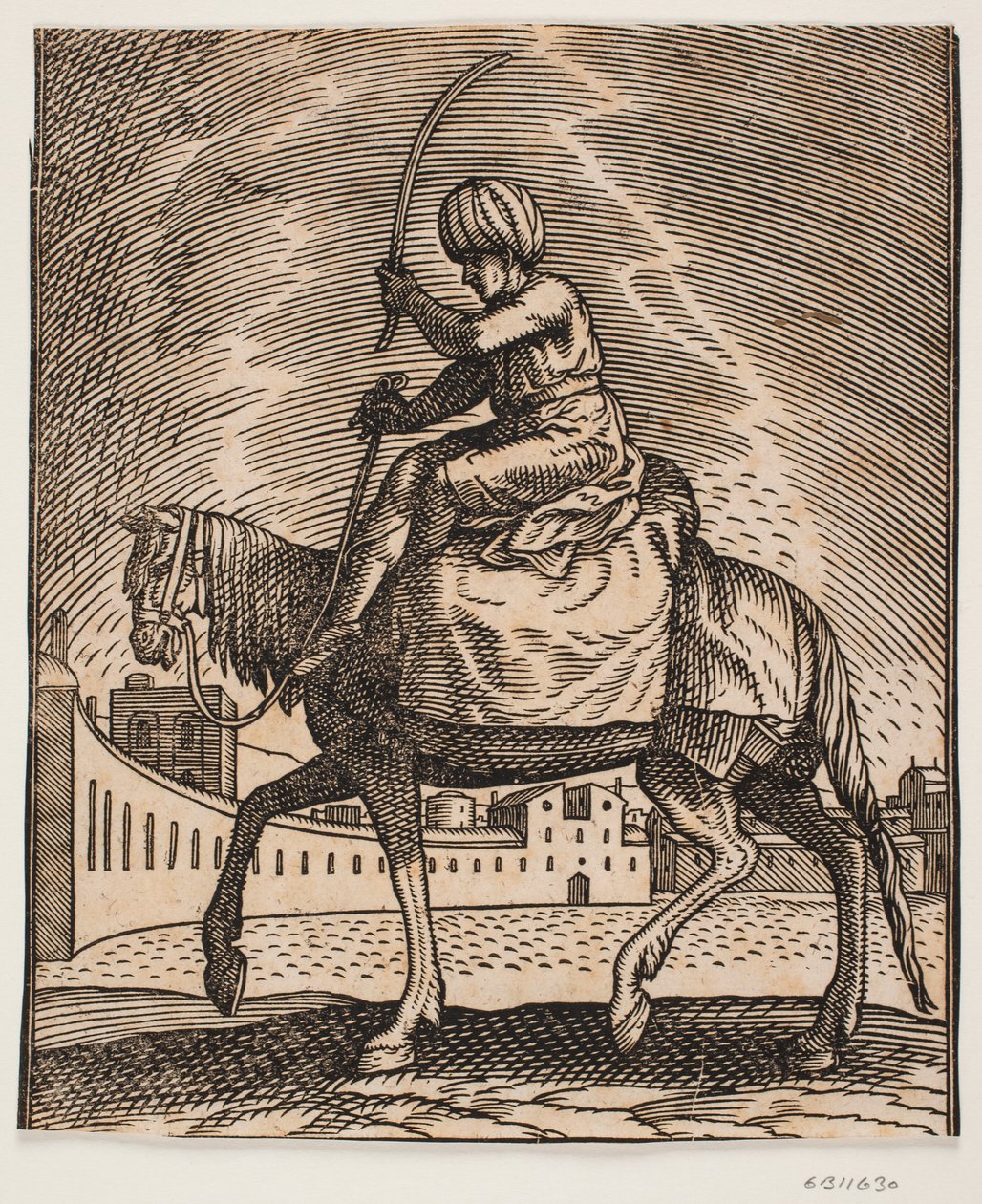 Unarmed Rider on a Carrier Horse, Seen in Profile Towards the Left, Situated on an Open Semi-Circular Plaza; He is Mounted on Top of a Sack and Holds a Raised Switch in His Hand by Melchior Lorck
