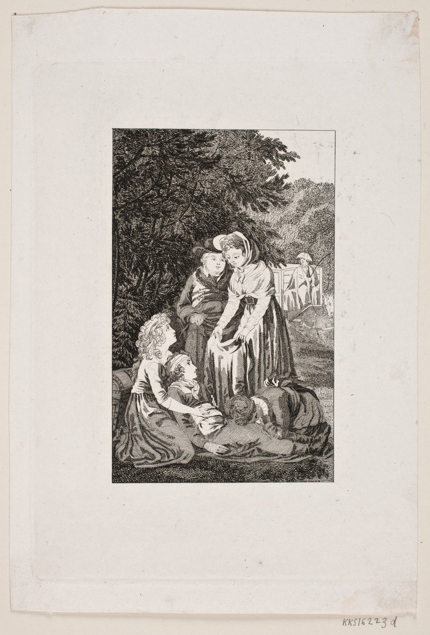 Illustration with Four People Around a Sick Boy in a Forest by Meno Haas