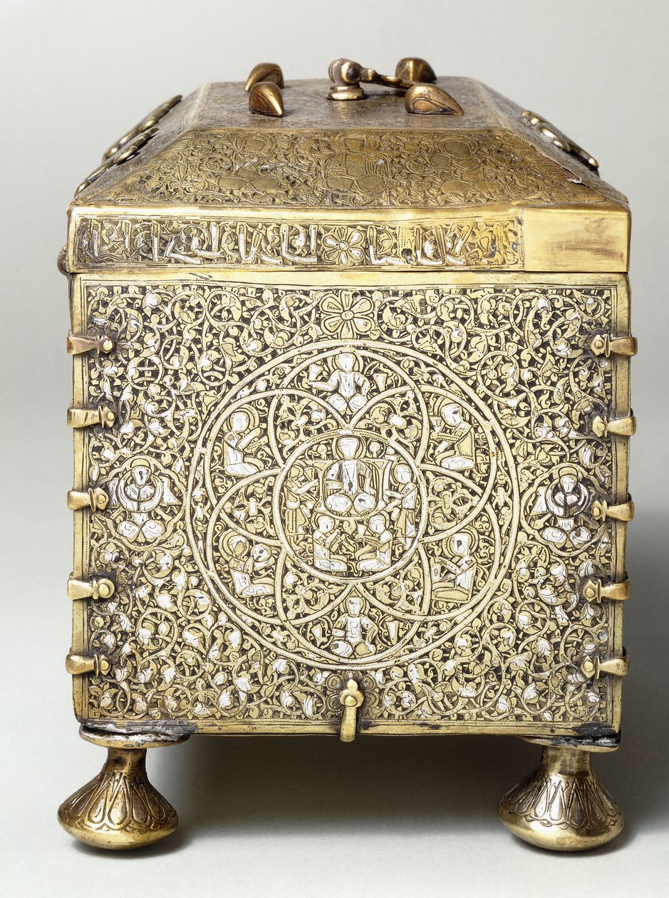 A Mesopotamian silver inlaid brass casket with dials for a combination lock (side view) by Mesopotamian