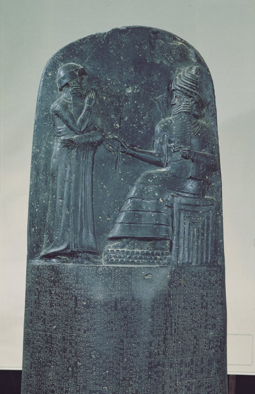 Relief Figure of the Sun God Shamash dictating his laws to King Hammurabi on his Famous Law Code, Old Babylonian Period by Mesopotamian