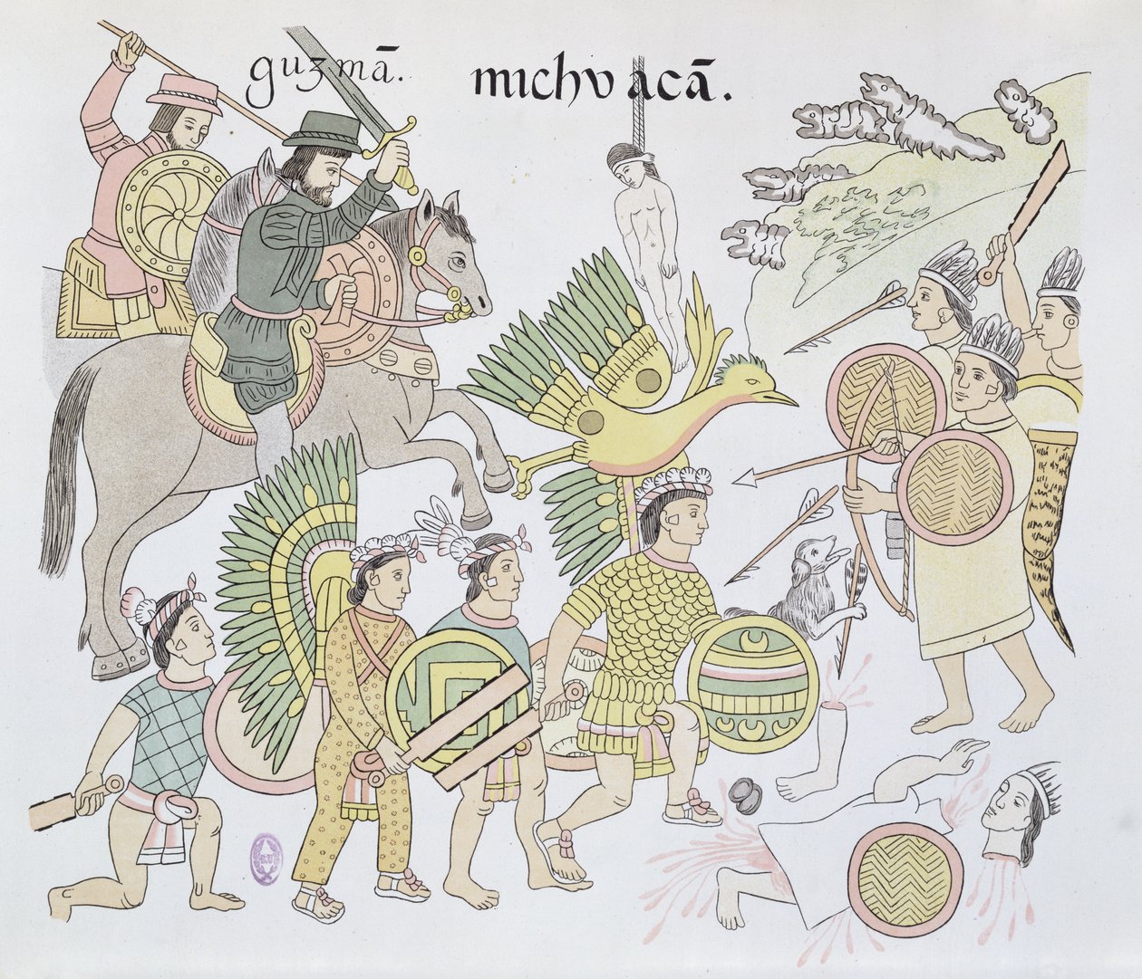 Battle of Michoacan between the Spanish and the Aztecs, illustration from a facsimile of a Mexican Indian picture history Lienzo de Tlaxcala of c.1550, 1892 by Mexican School