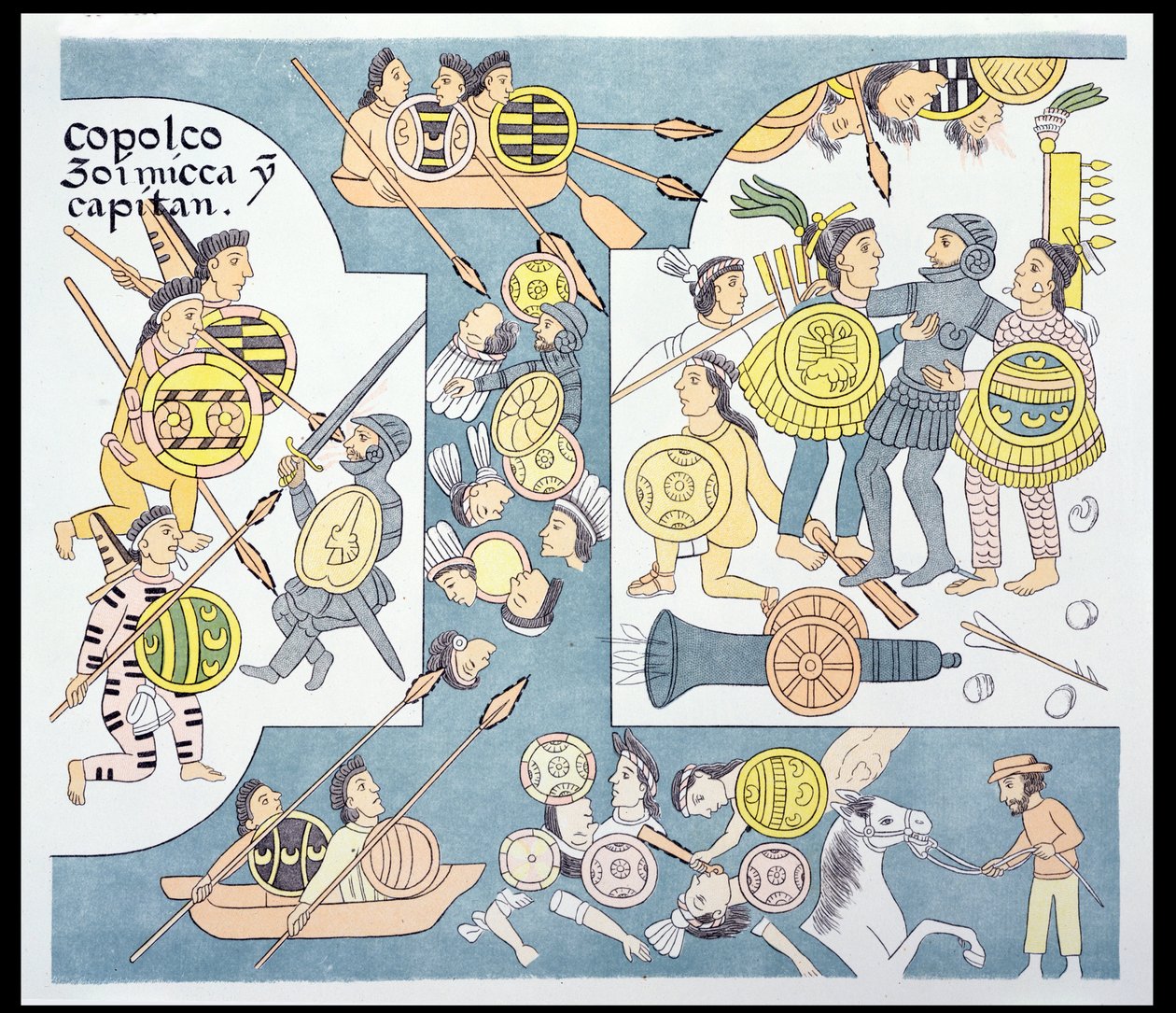 Final Battle between Hernando Cortes and Cuauhtemoc at Tenochtitlan, August 1521, Illustration from a Facsimile of a Mexican Indian Picture History Lienzo de Tlaxcala of c.1550, 1892 by Mexican School