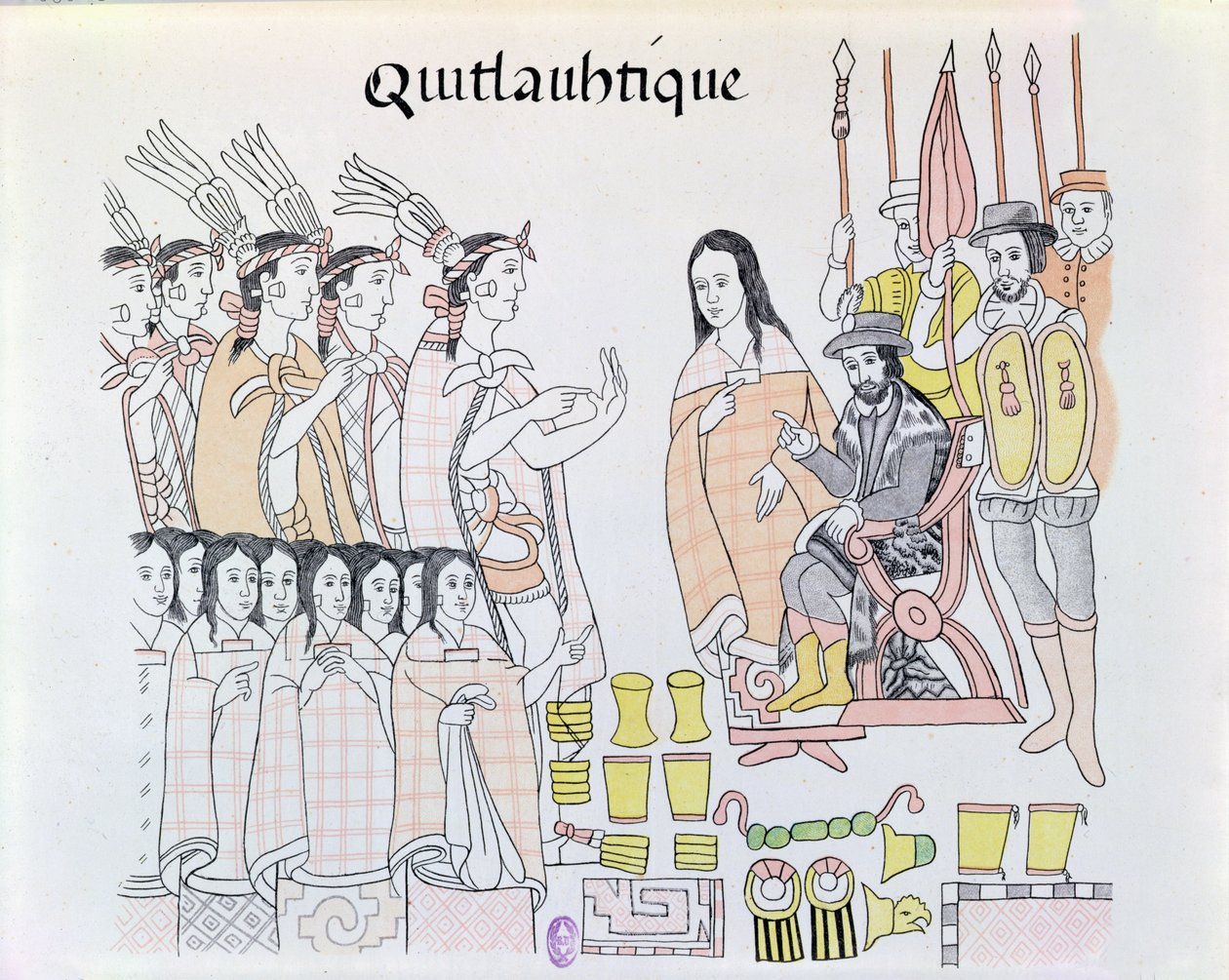 La Malinche Acting as Interpreter during the Presentation of Women and Gold by Montezuma to Hernando Cortes, Illustration from a Facsimile of a Mexican Indian Picture History by Mexican School