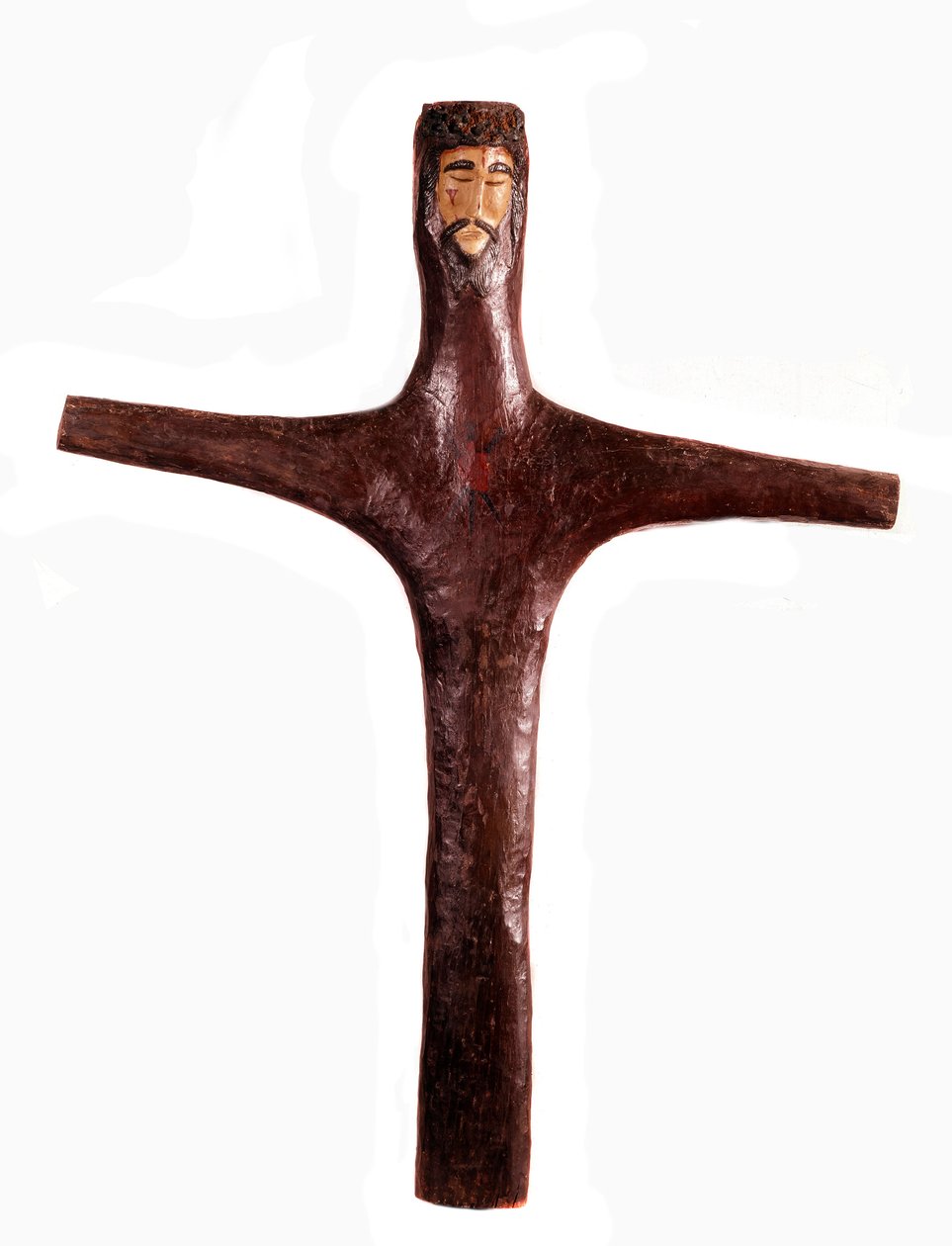 Mexican art: polychrome wooden cross with head of Christ carved from one piece. 17th century. Mexico. Michoacan Regional Museum by Mexican School