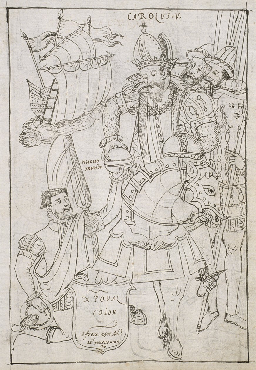 Christopher Columbus Symbolically offers the New World to Charles V, from Historia de Tlaxcala by Diego Munoz Camargo by Mexican School