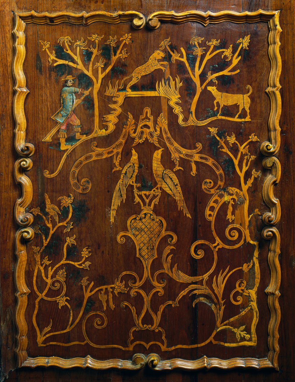 Rococo style wood linen cupboard with polychrome inlays and base