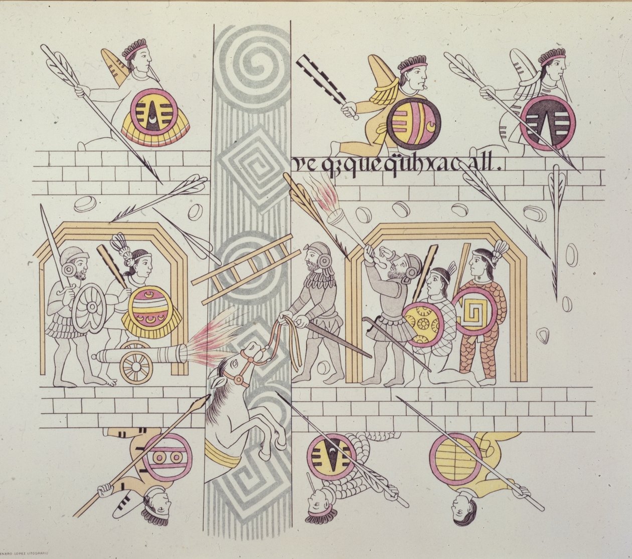 Spanish and Aztecs, from 'Homenaje a Cristobal Colon' by Alfredo Chavero