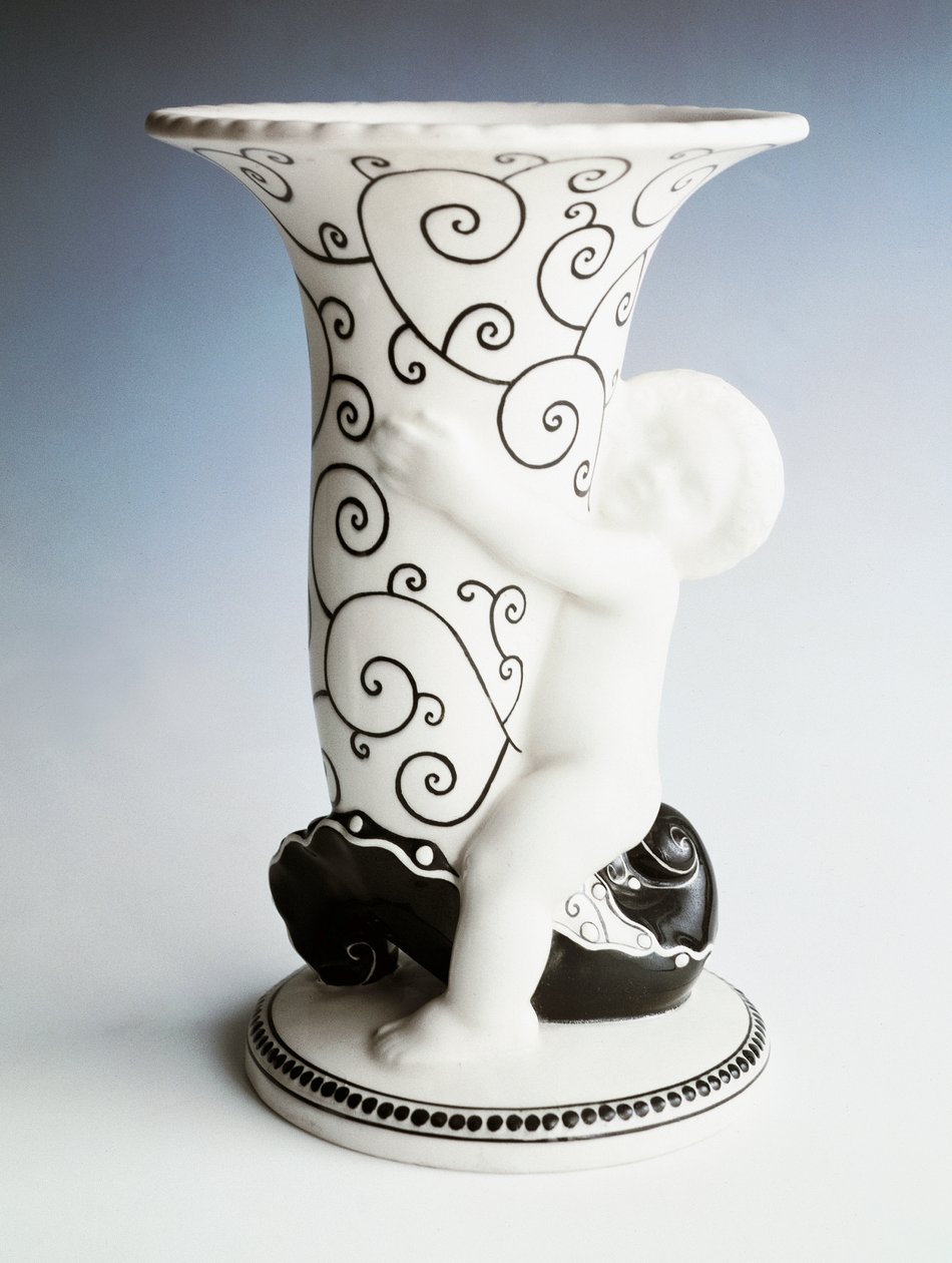 Vase with black decoration, cone-shaped body held by a cherub, Vereinigte Wiener Und Gmundner Keramik, Austria, 20th century by Michael Powolny