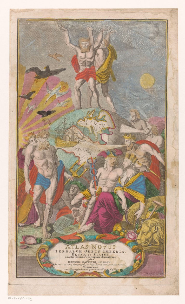 Atlas and Hercules carrying the celestial sphere (Title page for: Johann Baptista Homann, Atlas Novus Terrarum Orbis Imperia, Regna et Status exactis Tabulis Geographicè demonstrans, 1729) by Michael Rössler