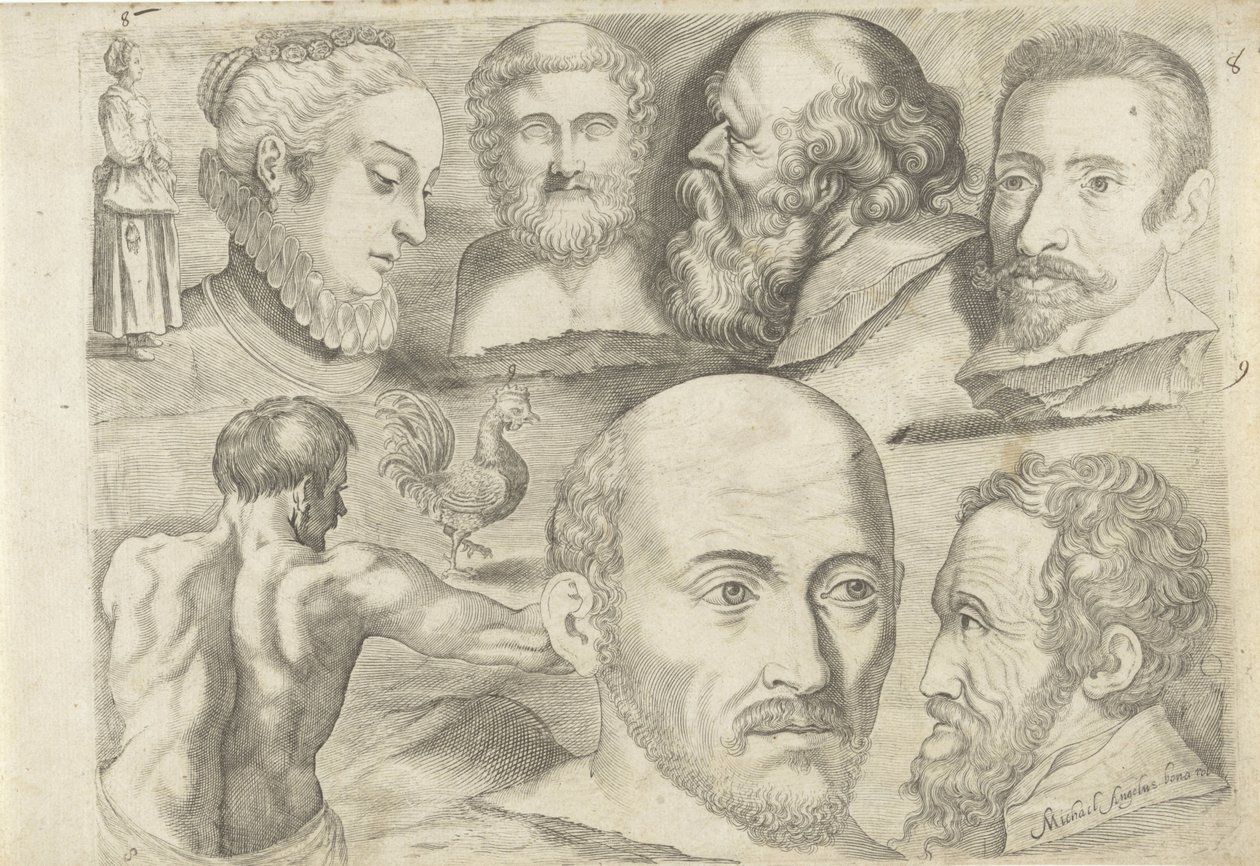 Study Sheet with Drawing Examples: Standing Figure, Rooster and Heads by Michael Snijders