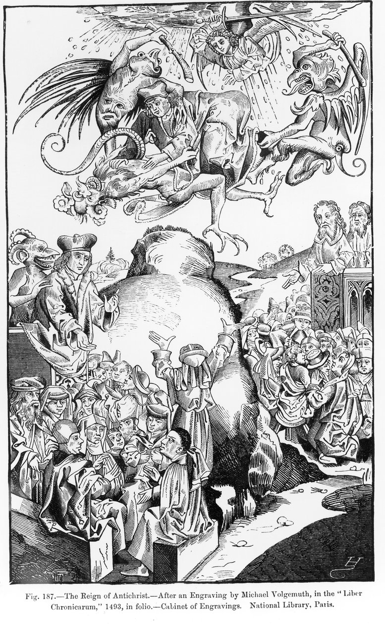 The Reign of Antichrist, from the Liber Chronicarum, published in 1493, illustration from, Science and Literature in the Middle Ages and Renaissance, written and engraved by Paul Lacroix, 1878 by Michael Wolgemut