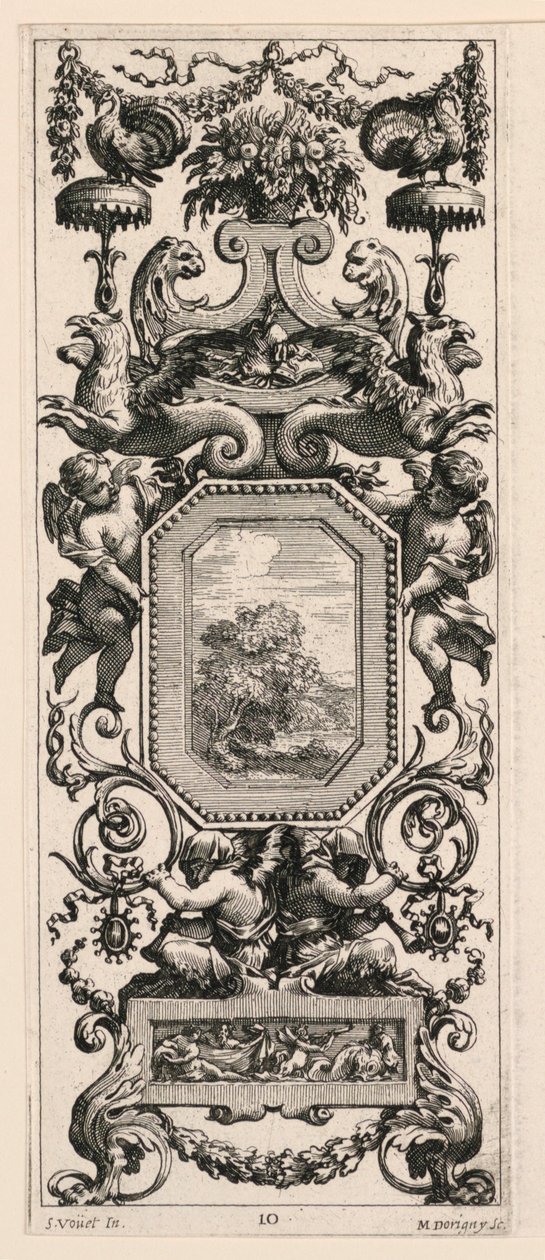 Ornamental Panel Surmounted by a Basket of Flowers and a Garland, plate 10 from the Book of Various Grotesques Painted in the Cabinet and Baths of the Queen Regent, at the Royal Palace by Michel Dorigny