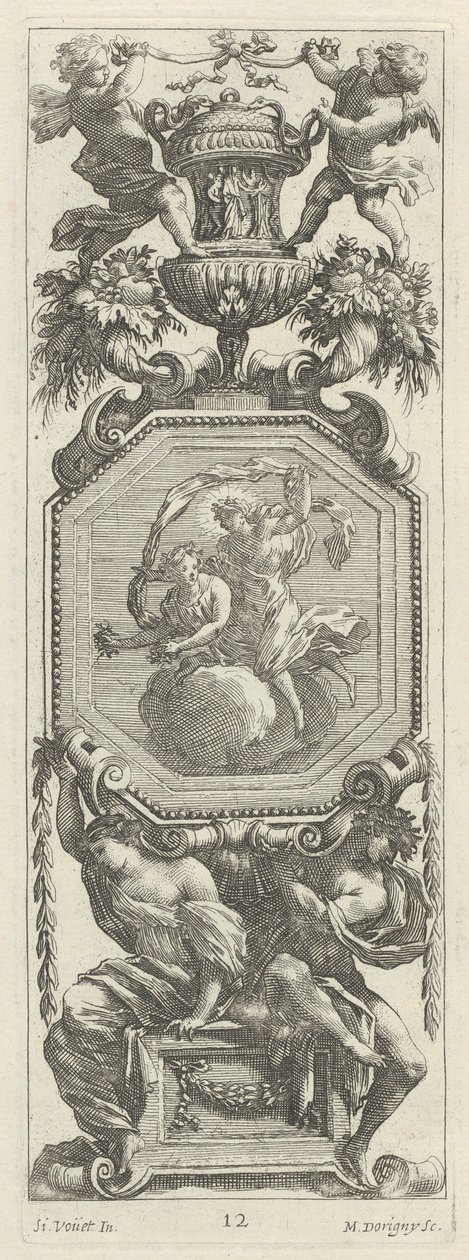 Ornamental Panel Surmounted by Two Putti and a Vase by Michel Dorigny, after Simon Vouet