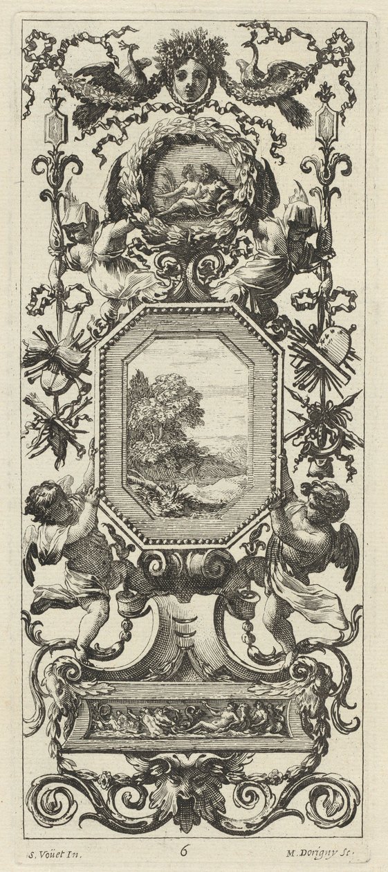Ornamental Panel Surmounted by the Crowned Head of a Woman and Two Peacocks by Michel Dorigny, after Simon Vouet