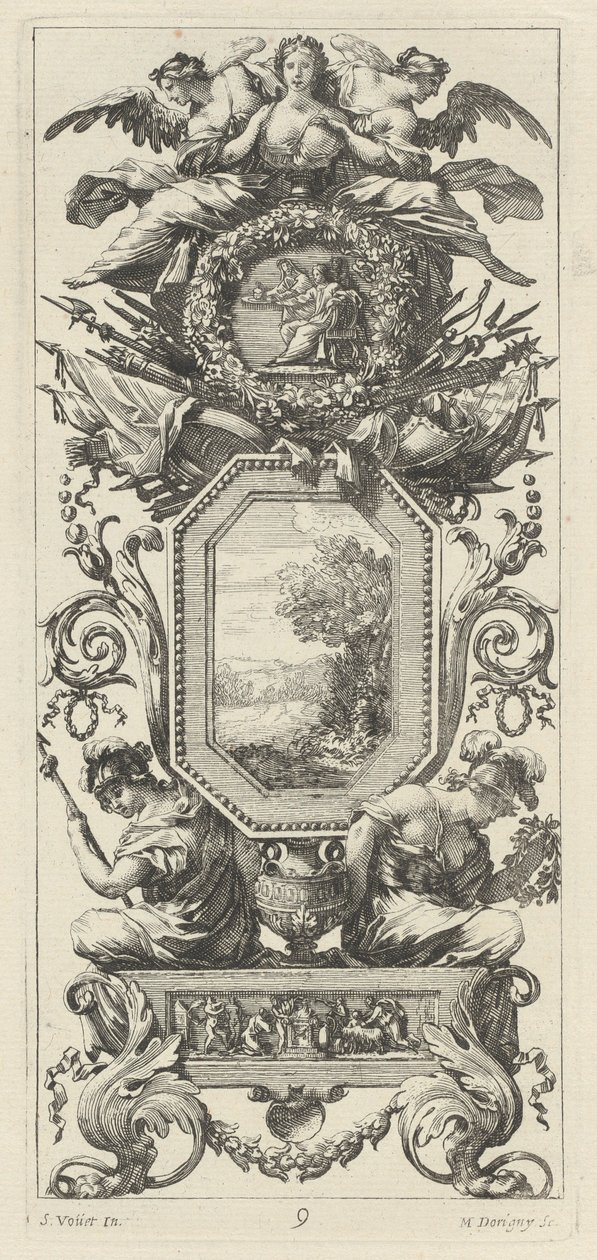 Ornamental Panel Surmounted with Two Figures Leaning on the Bust of a Woman by Michel Dorigny, after Simon Vouet