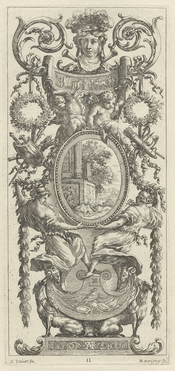 Ornamental Panel Surmounted with a Head Flanked by Foliage by Michel Dorigny, after Simon Vouet